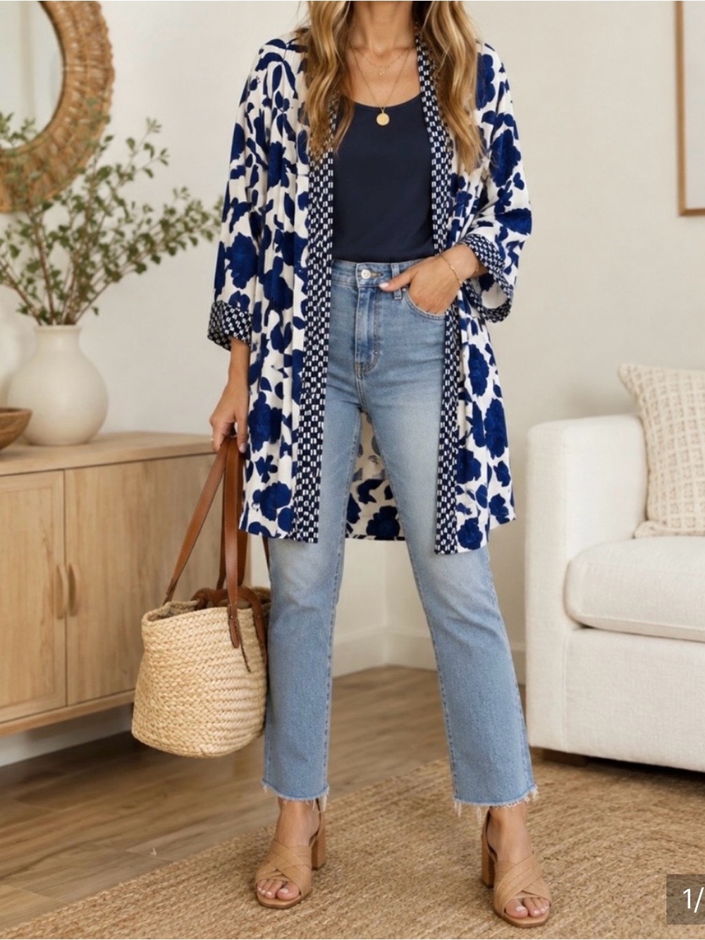 CAbi Navy Floral Open-Front Kimono with Check Trim